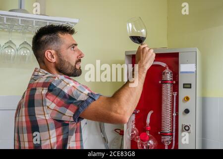 Side view focused male in checkered shirt tasting red wine by smelling while working in wine laboratory Stock Photo