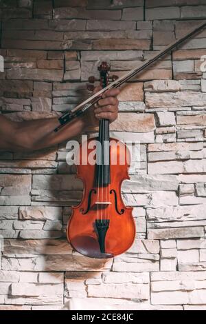 unrecognizable ethnic male violinist with shiny violin and bow on background of stone wall in modern apartment Stock Photo