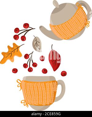 Vector autumn pouring tea party. Knitted Teapot pour fall elements as leaves and berries in mug. Place for text on mug and teapot. Concepn drink hot Stock Vector