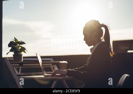 Side view of young Asian business lady in formal outfit using laptop while working remotely on rooftop terrace in city Stock Photo