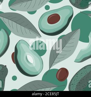 Avocado, half of avocado, and leaves background. Vector illustration of fruit avocado. seamless pattern Stock Vector