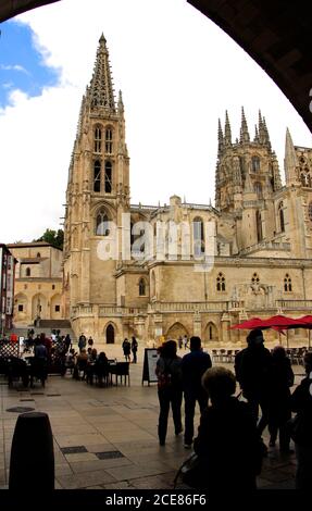 Cathedral of Saint Mary of Burgos seen through the Arco de Santa María Burgos Castile and Leon Spain Stock Photo