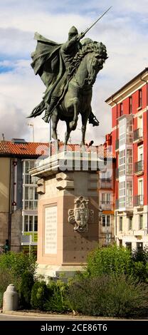 Rodrigo Díaz de Vivar 'El Cid' statue on a horse pointing a sword in the middle of the road in Burgos Castile and Leon Spain Stock Photo
