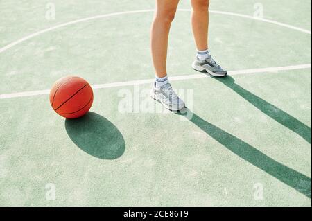 High angle of crop anonymous female basketball player standing near ball on marking line in center of court during training in sunny day