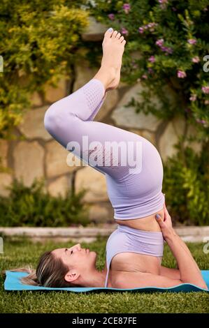 Slim female in bra and leggings practicing yoga in Salamba Sarvangasana on green lawn in backyard in summer Stock Photo