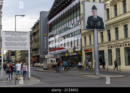 Berlin, Germany - 25 August 2020: view of the historic Checkpoint Charlie in Berlin Stock Photo