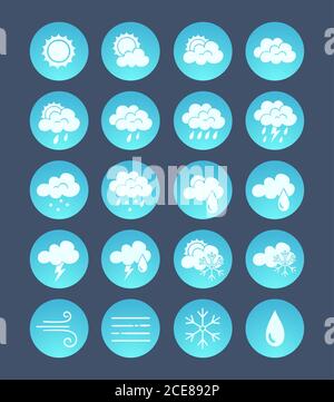 Weather icons pack. Weather forecast design elements for mobile apps and widgets. Contains icons of the sun, clouds, snowflakes, wind, rain and fog. 2 Stock Vector