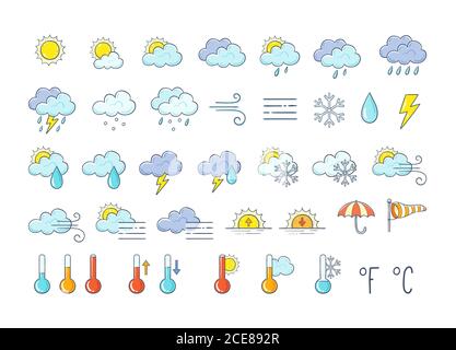 Colorful weather icons set. Hand drawn weather forecast design elements isolated on white background. Contains icons of the sun, clouds, snowflakes, s Stock Vector