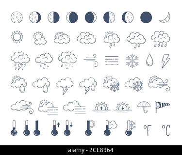 Weather icons pack. Doodle icons. Hand drawn weather forecast design elements, perfect for mobile apps and widgets. Contains icons of the sun, clouds, Stock Vector