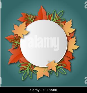 Round banner with leaves. Vector illustration in paper cut style Stock Vector