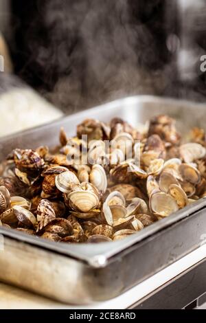 Delicious fresh cooked clams on metal tray with white smoke in kitchen of luxury restaurant Stock Photo