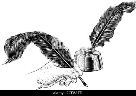 Quill Feather Ink Pen Hand Vintage Woodcut Print Stock Vector