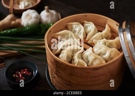 Chinese steamed dumplings made by vegetables and pork. Stock Photo