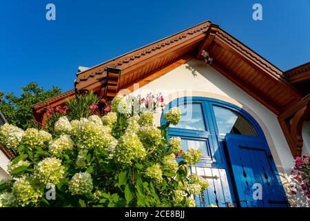 Colorful house entrance in Pecs Hungary with many flowers Stock Photo