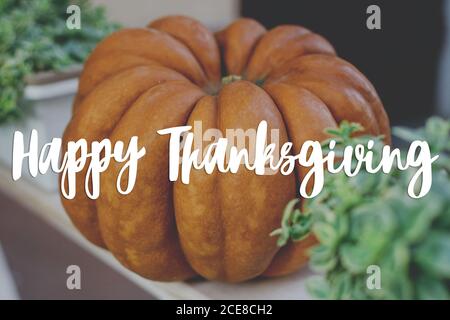 Happy Thanksgiving greeting card. Hand written Happy Thanksgiving text on background of pumpkin, modern festive decoration outdoor Stock Photo