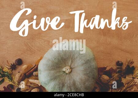 Happy Thanksgiving greeting card. Hand written Give Thanks text on background of pumpkins, autumn leaves, nuts, harvest vegetables on rustic wood, fla Stock Photo