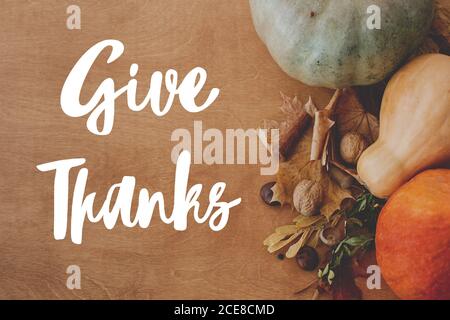 Happy Thanksgiving greeting card. Hand written Give Thanks text on background of pumpkins, autumn leaves, nuts, harvest vegetables on rustic wood, fla Stock Photo