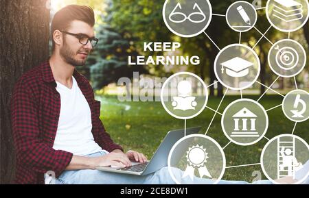 Student Using Laptop Sitting Outdoors, Collage With Icons And Text Stock Photo