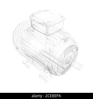 Wireframe of an electric motor Isolated on white background. Isometric view. 3D. Vector illustration Stock Vector
