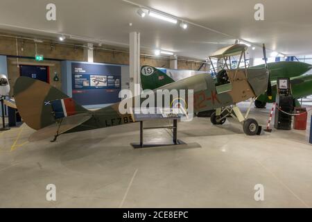 A De Havillland DH 82B Queen Bee (LF789) low cost, radio-controlled target aircraft (replica) on display in the De Havilland Museum, London Colney, UK. Stock Photo