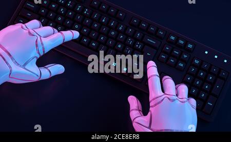 Robot hands typing on keyboard. Stock Photo