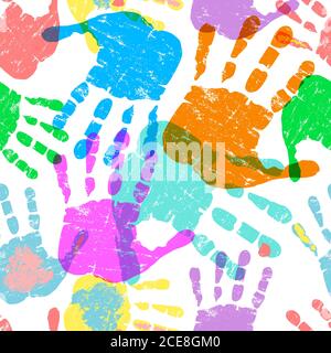 Prints of multicolored hands, gruny seamless pattern with paint splashes, vector illustration Stock Photo
