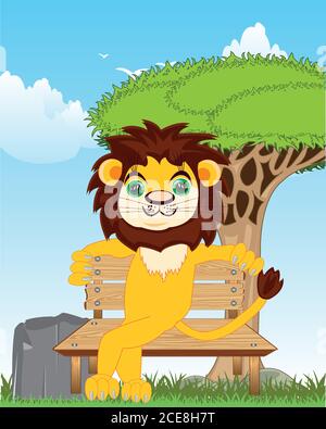 Cartoon animal lion sitting on bench on nature Stock Vector