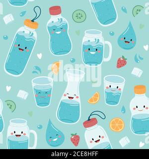 Drink more water. Seamless pattern with cute bottles and glasses Stock Vector