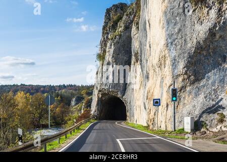Rock tunnel near Thiergarten in autumn, Upper Danube Valley, Baden-Wuerttemberg, Germany Stock Photo