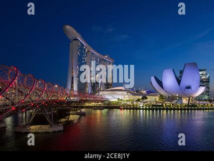 Singapore, the Marina Bay Sands (shopping complex and hotel), the ArtScience Museum and the Helix Bridge, Marina Bay Stock Photo