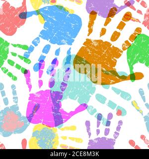 Prints of multicolored hands, gruny seamless pattern with paint splashes, vector illustration Stock Vector