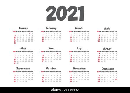 2021 monthly calendar template isolated white color Stock Vector