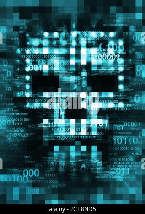Pixel Skull,Computer virus, blue background. Illustration of Abstract Skull sign with destroyed binary codes. Web Hacking. Online piracy concept. Stock Photo