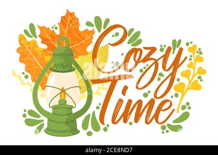 Cozy Time - Fall typography quotes with autumns elements. Vector quotes with autumns leaves, berries and lantern. Isolated on white background. Stock Vector