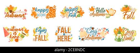Fall typography set. Set of Fall quotes with autumns elements. Vector quotes isolated on white background. Vector set of hand drawn trendy lettering w Stock Vector