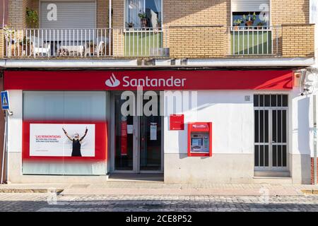 Huelva, Spain - August 16, 2020: A branch of Banco Santander in the village of Trigueros. It is largest bank in the eurozone and one of the largest in Stock Photo