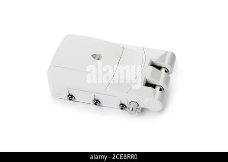 closeup of a white door electronic lock, with remote keyless system, on a white background Stock Photo