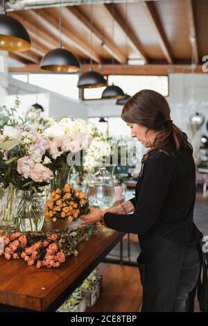 Side view of adult female floristry shop worker standing at wooden counter and arranging bouquets of fresh roses Stock Photo