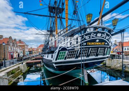 HMS Trincomalee is a Royal Navy Leda-class sailing frigate built in 1816-17. Stock Photo