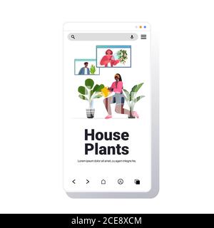 woman watering houseplants african american housewife discussing with friends in web browser windows during video call smartphone screen copy space vector illustration Stock Vector