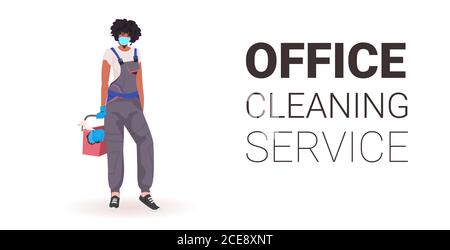 female professional office cleaner woman janitor in medical mask with cleaning equipment full length copy space horizontal vector illustration Stock Vector