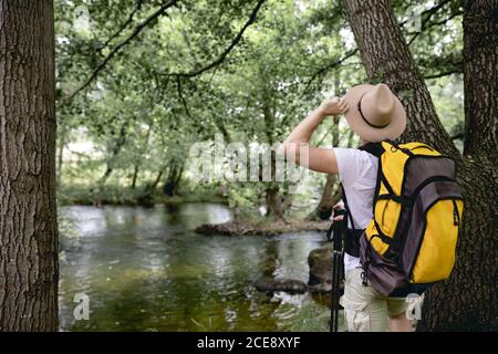 young man doing a hiking trail with his yellow backpack and hat on his head by a lake with many trees and natural areas looking at the landscape Stock Photo