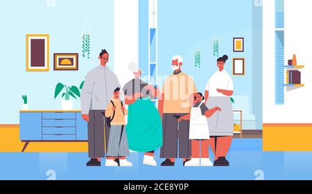 multi generation family happy grandparents parents and children standing together living room interior full length horizontal vector illustration Stock Vector