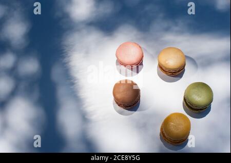 From above of various colorful macarons placed on white background on sunny day Stock Photo