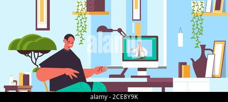 doctor on laptop screen consulting male patient online consultation healthcare service medicine medical advice concept living room interior horizontal portrait vector illustration Stock Vector