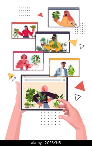 people taking care of houseplants mix race housekeepers discussing during video call in web browser windows portrait vertical vector illustration Stock Vector