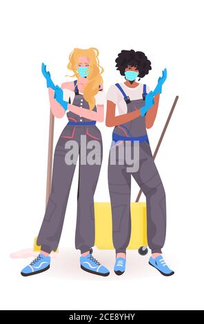 women janitors professional office cleaners in medical masks wearing gloves coronavirus quarantine concept full length vertical vector illustration Stock Vector