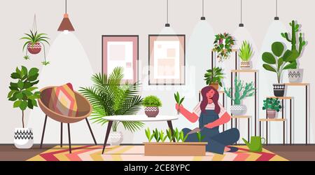 woman planting houseplants in pot housewife caring of her plants living room interior full length horizontal vector illustration Stock Vector