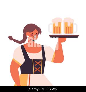 girl waitress holding beer mugs Oktoberfest party celebration concept woman in german traditional clothes having fun portrait vector illustration Stock Vector