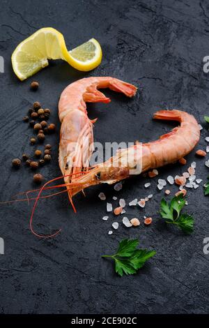 Composition with fresh raw prawn in shape of heart Stock Photo